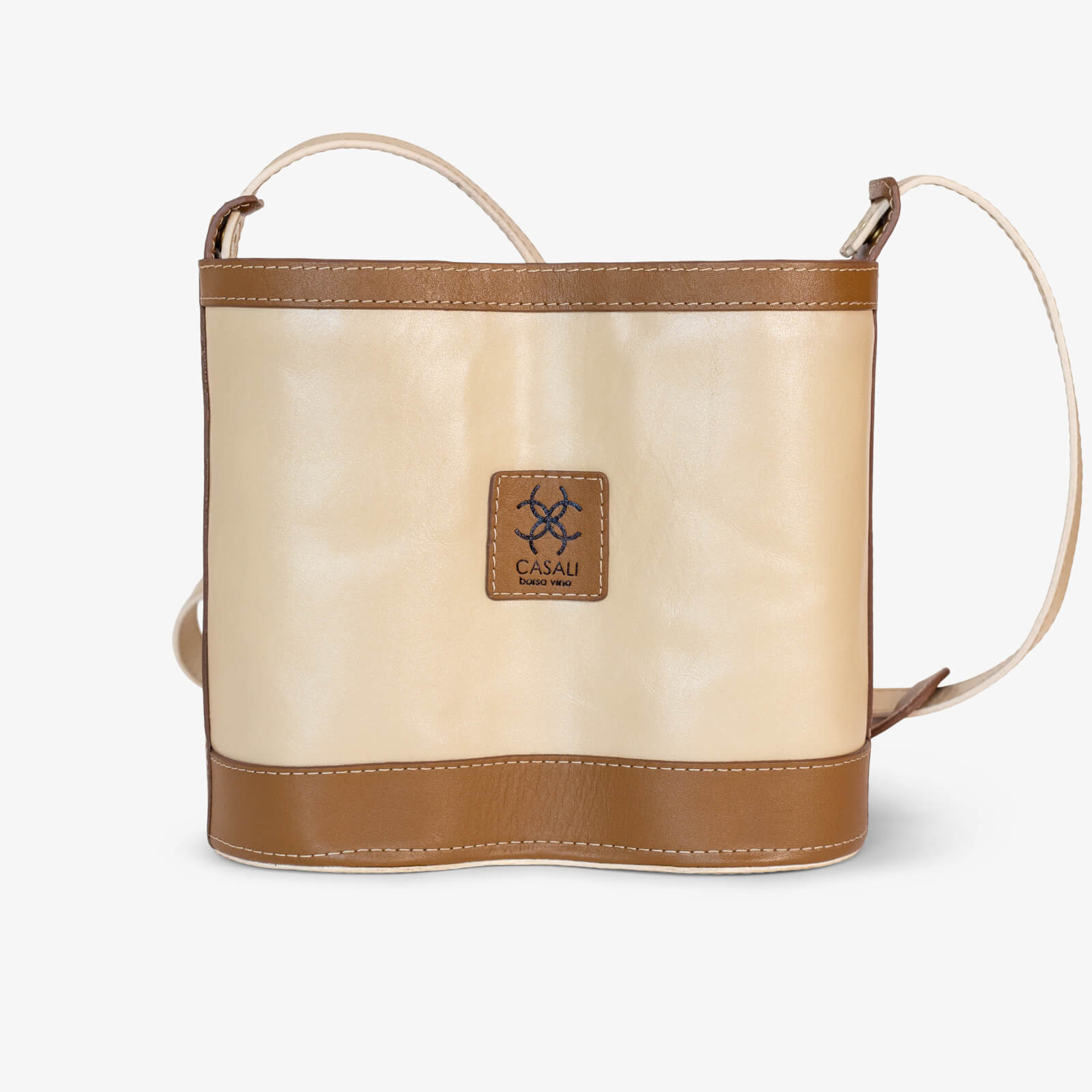 Casali Toscana Duo full-grain leather two-bottle wine tote in cream with contrast stitching