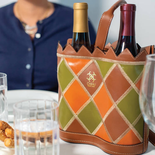 Casali Sonoma Duo leather wine tote styled in an elegant entertaining scene