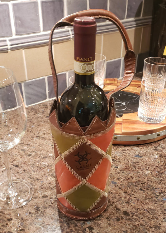 Casali mosaic leather wine tote styled at a bar