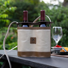 Casali Toscana Duo full-grain leather two-bottle wine tote in cream with contrast stitching